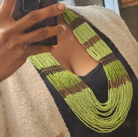 Multi-Layer Seed Bead Necklace Mint Green Gold-Tone Bold Statement 32” Long Boho - Picture 2 of 2